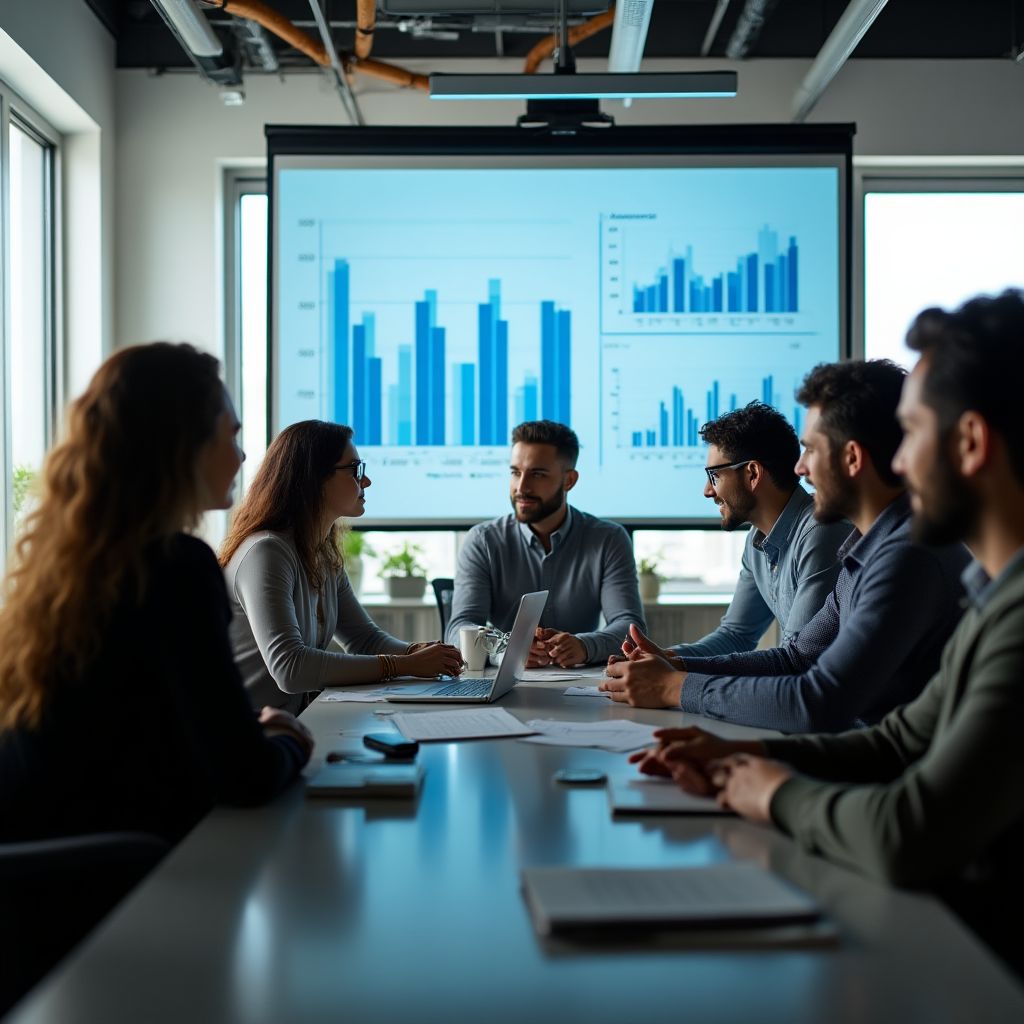 Equipo de consultores financieros colaborando en una oficina moderna
